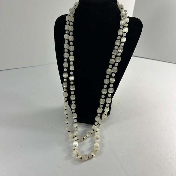 Long 56" Beaded Necklace White Faceted Beads Black Spacers Tunic Length - Picture 4 of 12